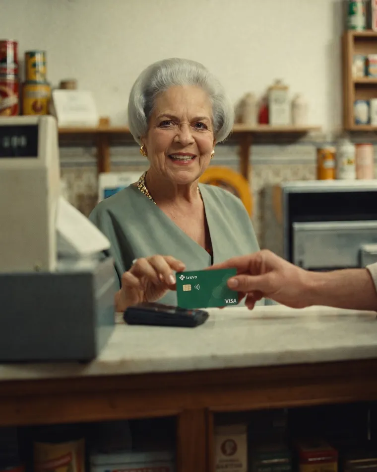 Maria, sorrindo, aproxima o cartão Trevo da maquininha num café em Lisboa.